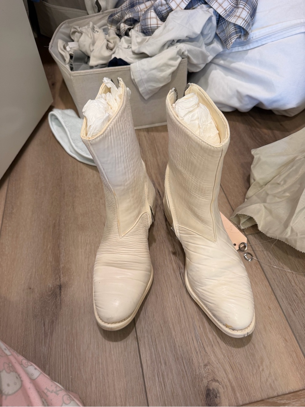 Cream Mid-Calf Leather Combat Boots